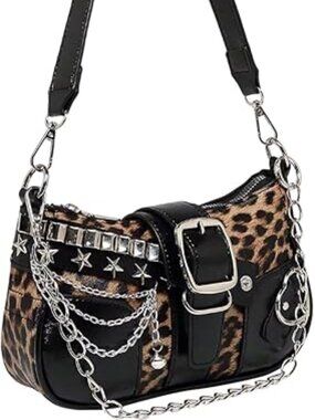 Y2k Stars Chains Shoulder Bag Mini Hobo Handbag Cheeta with Silver Accents